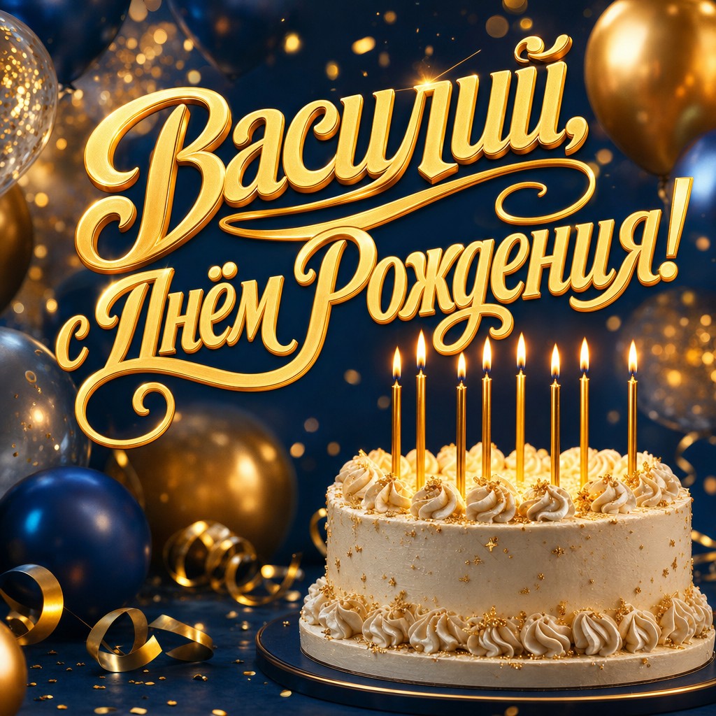 Премиальная открытка Василию с днем рождения: элегантный торт, свечи и теплое золотое сияние.