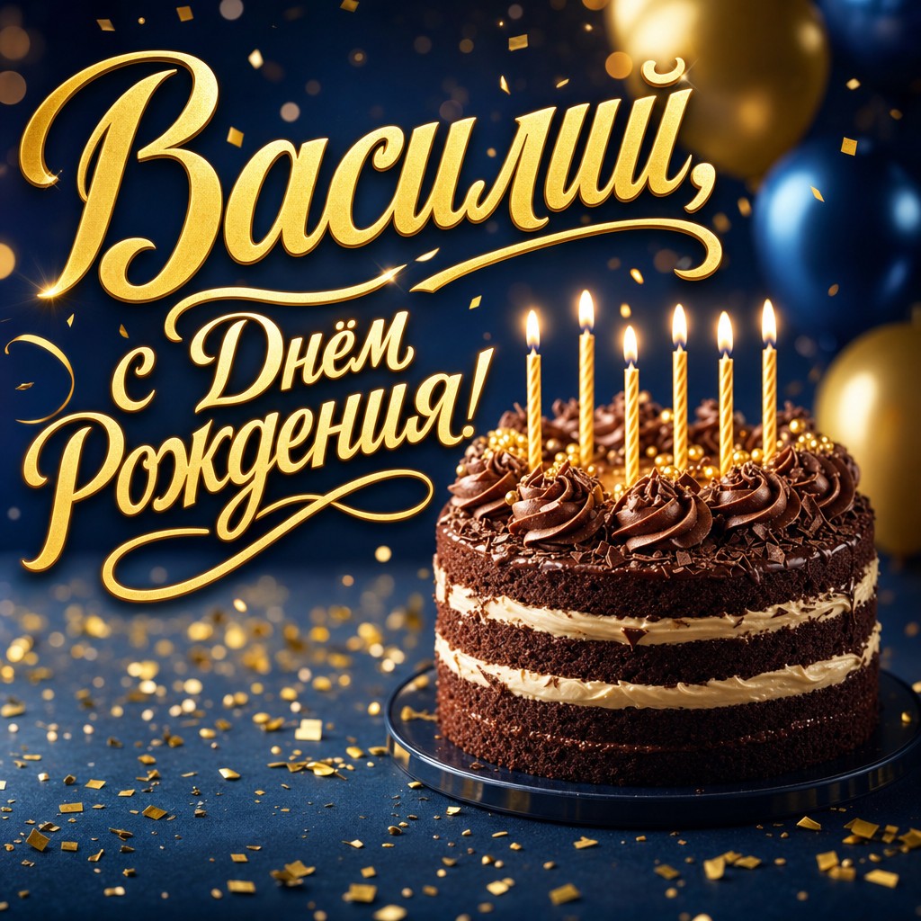 Красивая премиальная открытка с Днем Рождения Василию: шоколадный торт, свечи и теплый золотой свет.