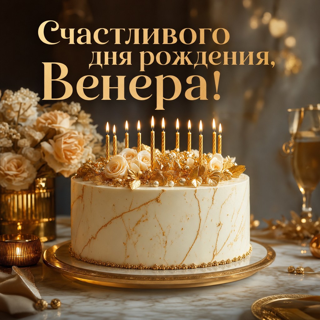 Элегантная открытка с тортом и свечами для празднования дня рождения Венеры