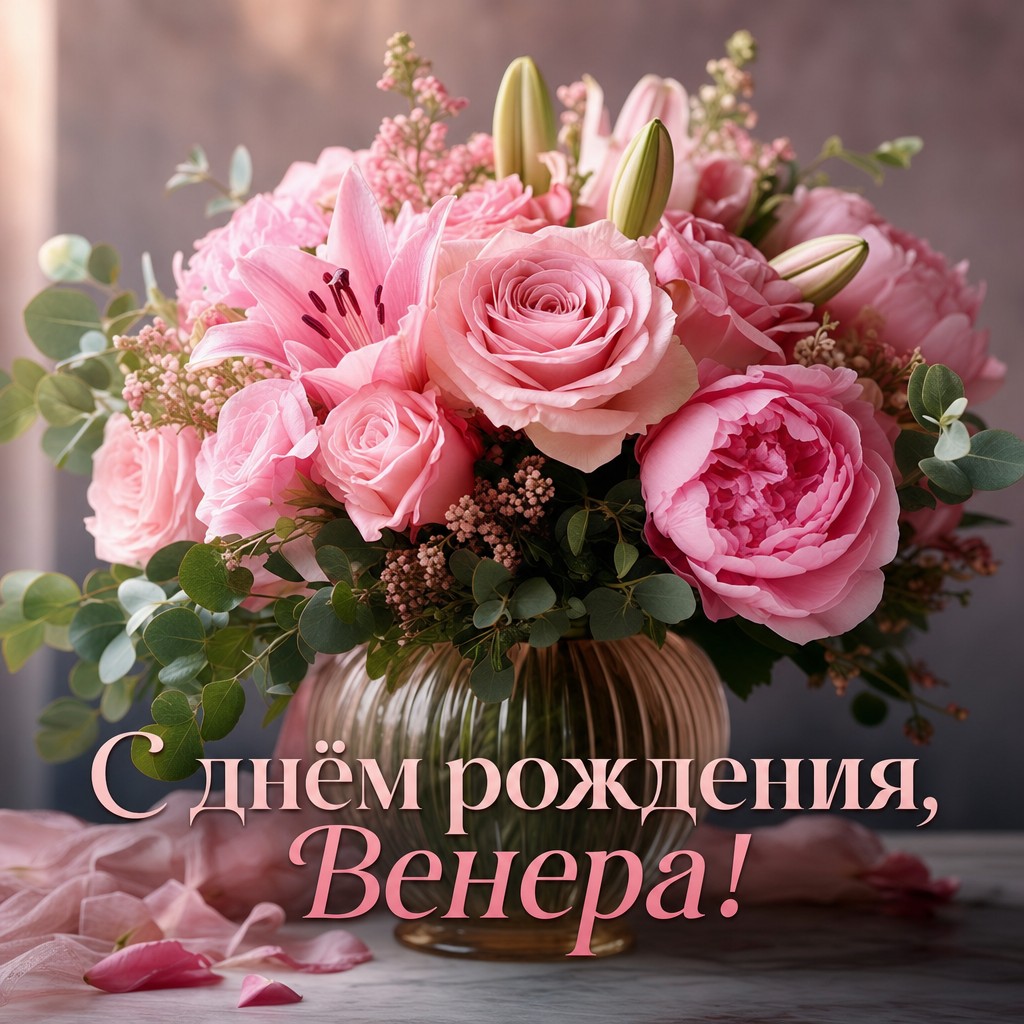 Красивые цветы в вазе на открытке с Днём Рождения для Венеры