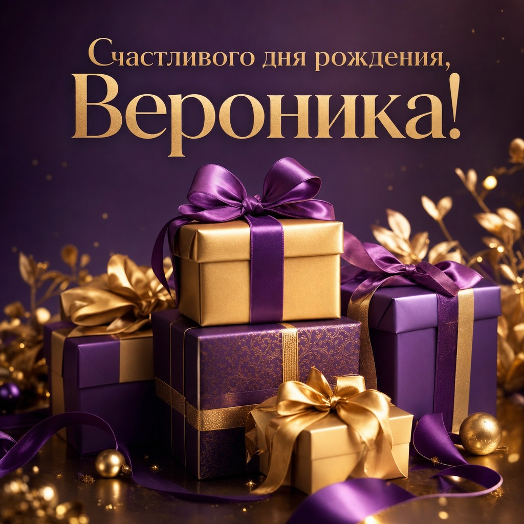 Стильная открытка с подарками для поздравления Вероники с днем рождения.