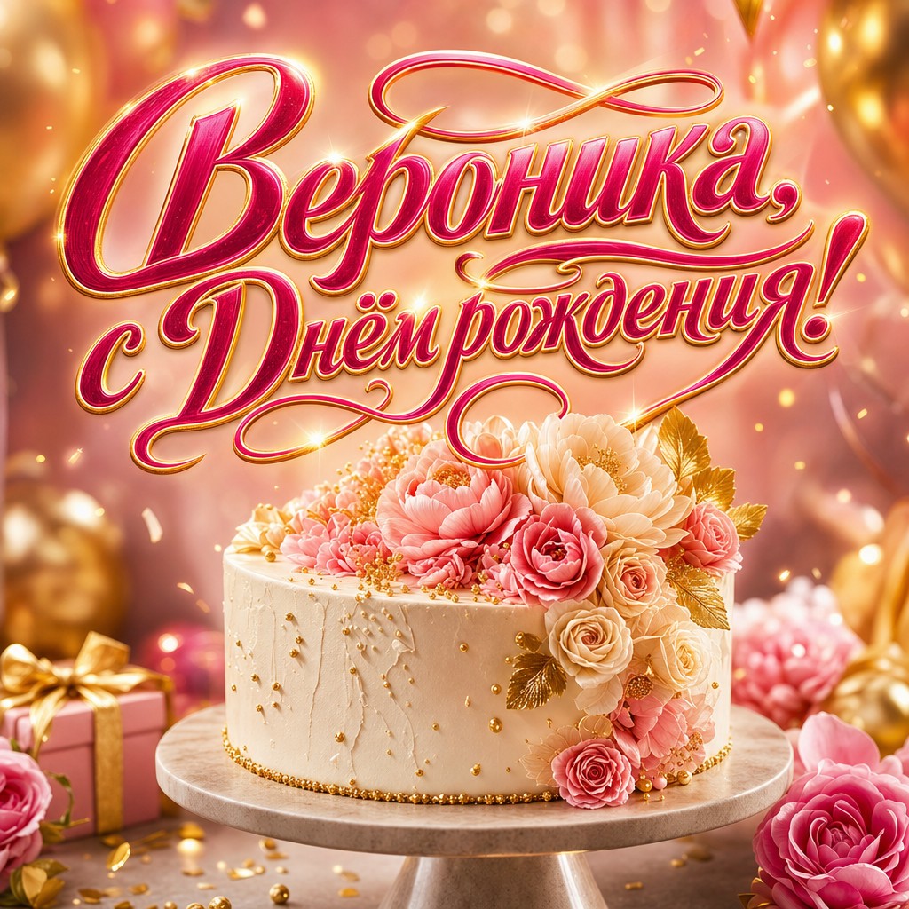 Нежная премиальная открытка с Днем Рождения Веронике: праздничный торт, кремовые цветы и золотые акценты.