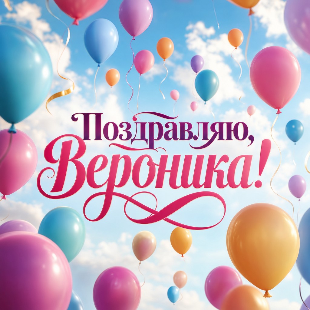 Яркая открытка с шарами в небе для поздравления Вероники с днем рождения.