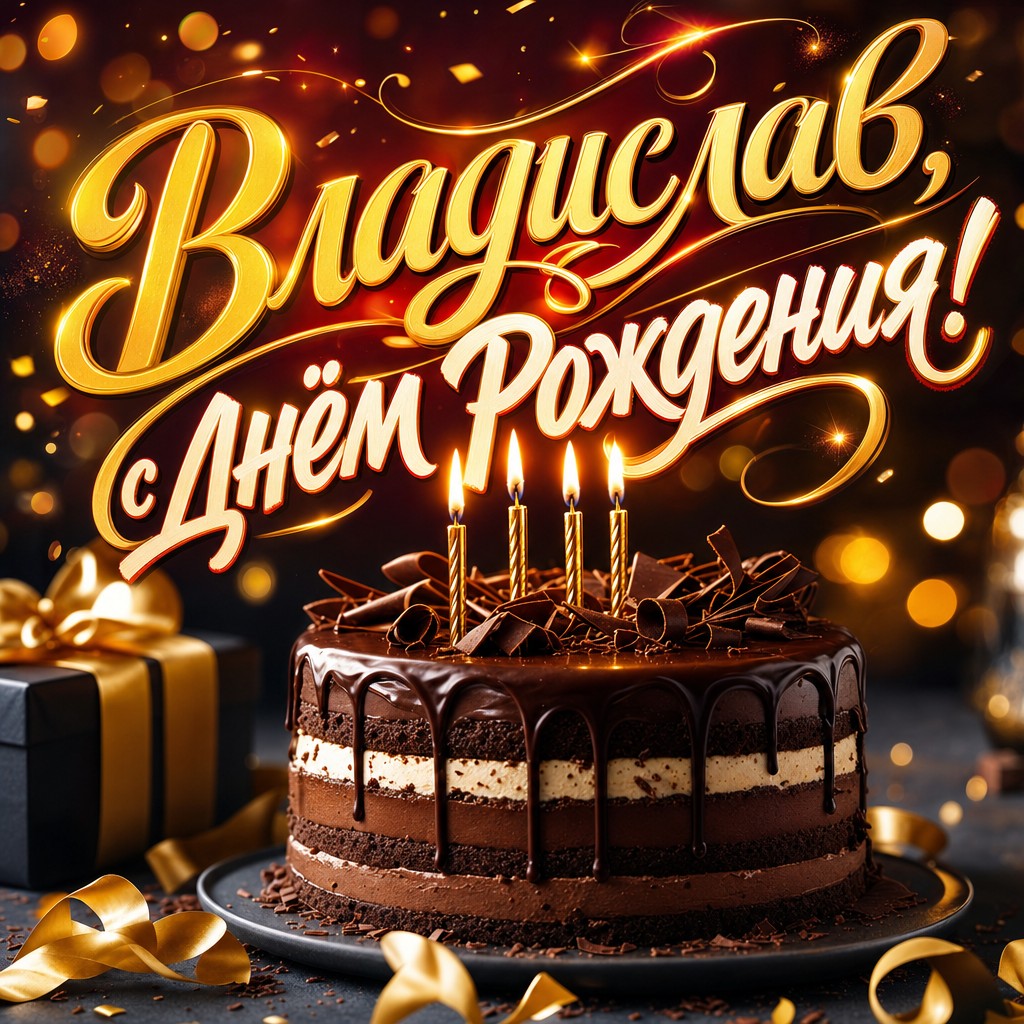 Элегантная открытка для Владислава на день рождения: шоколадный торт, свечи и теплый премиальный свет.