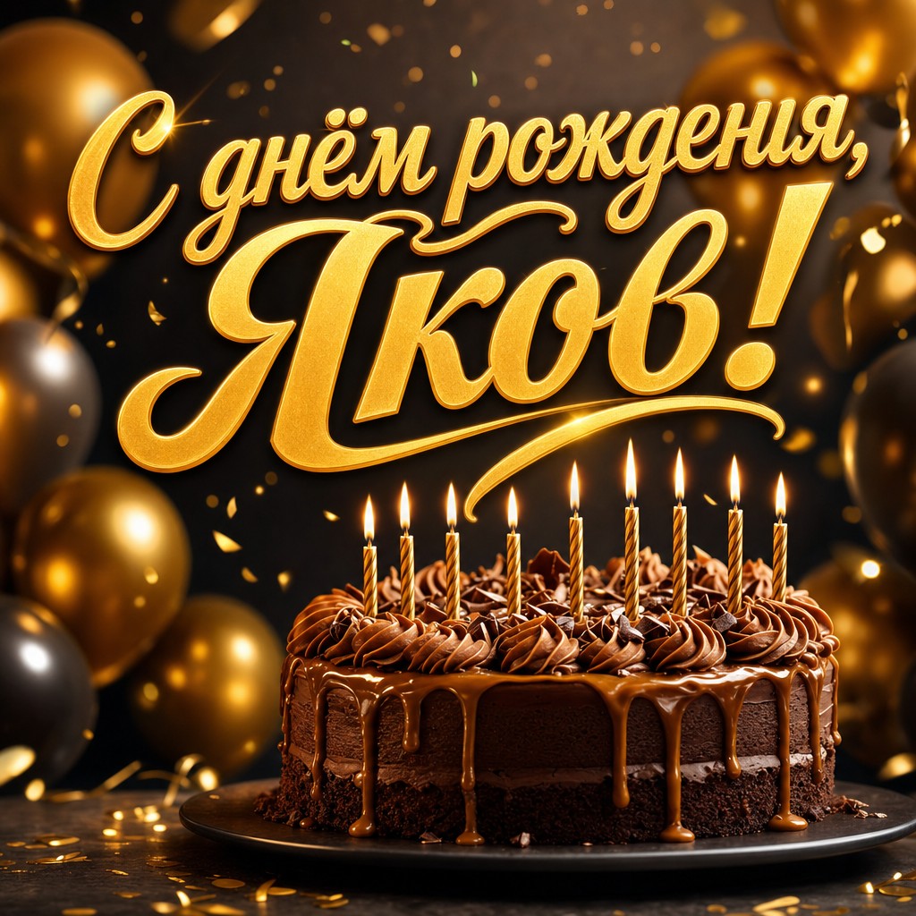 Премиальная открытка для Якова: шоколадный торт со свечами, золотые шары и теплый праздничный свет.