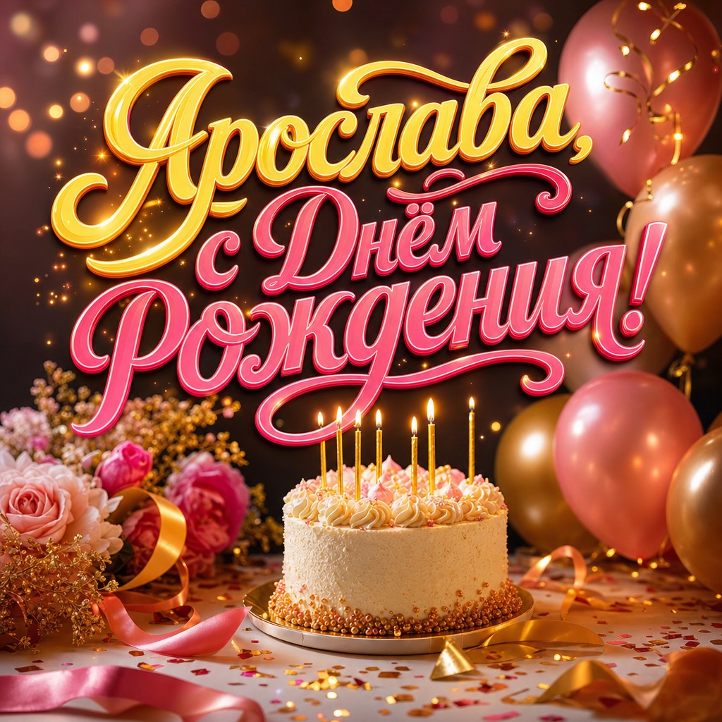 Элегантная открытка с Днем Рождения Ярославе: торт со свечами, шары и нежная праздничная палитра.