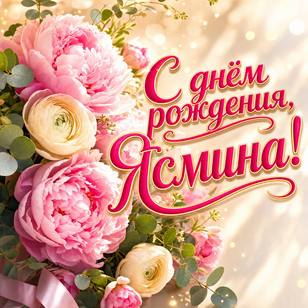 Элегантная открытка с днем рождения Ясмине: нежный букет пионов, кремовый фон и премиальное цветочное настроение.