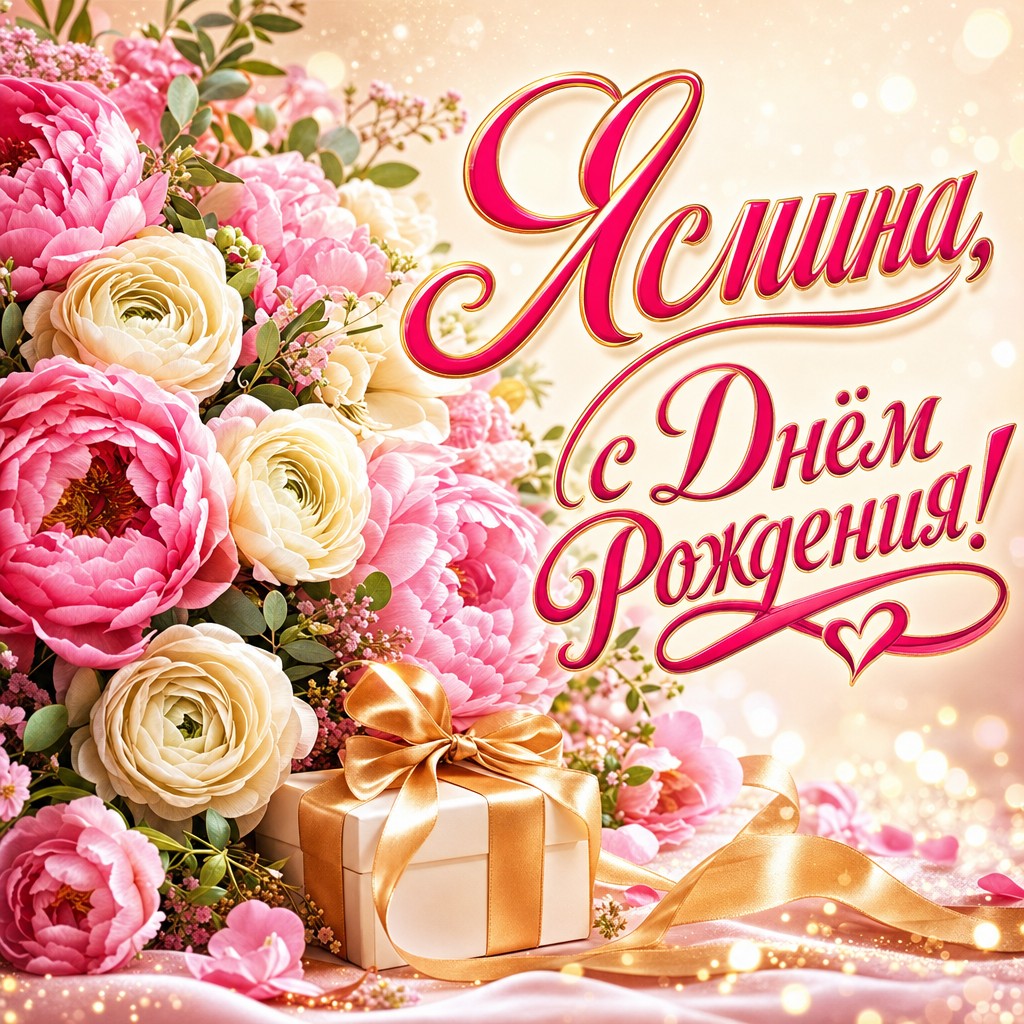 Нежная премиальная открытка Ясмине на день рождения с пионами, подарком и теплой светлой палитрой.