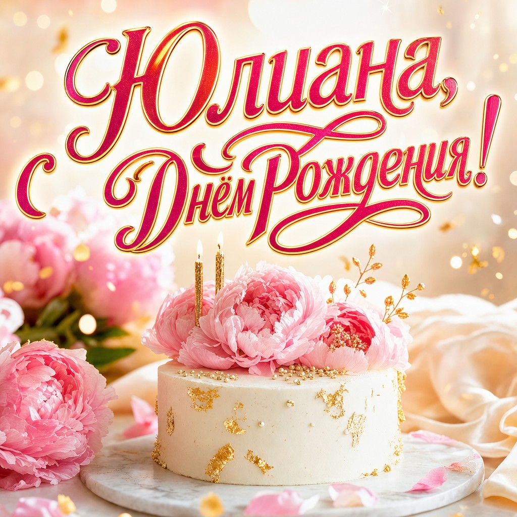 Нежная премиальная открытка с Днем Рождения Юлиане: торт, пионы и мягкое золото для красивого поздравления.