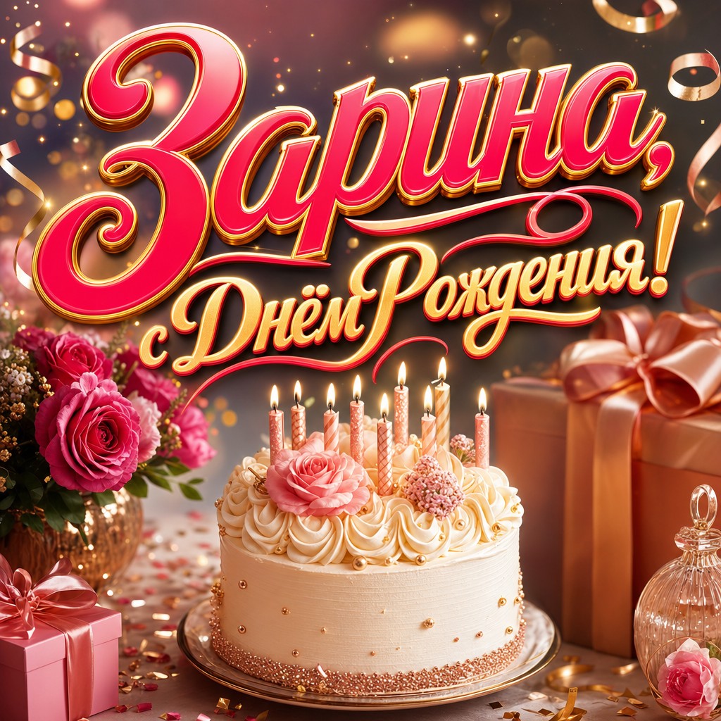 Премиальная открытка Зарине на день рождения с нежным тортом, свечами и теплым праздничным настроением.