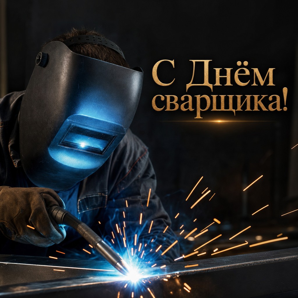 Премиальная открытка с Днём сварщика: защитная маска, яркая дуга и эффектные искры в тёмной мастерской.