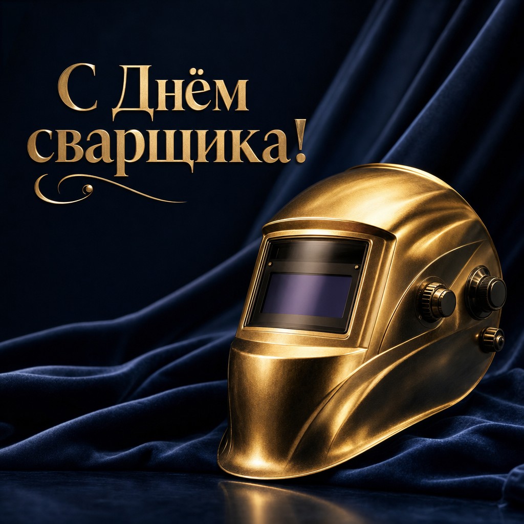 Стильная открытка с Днём сварщика с золотой маской на благородном синем фоне.
