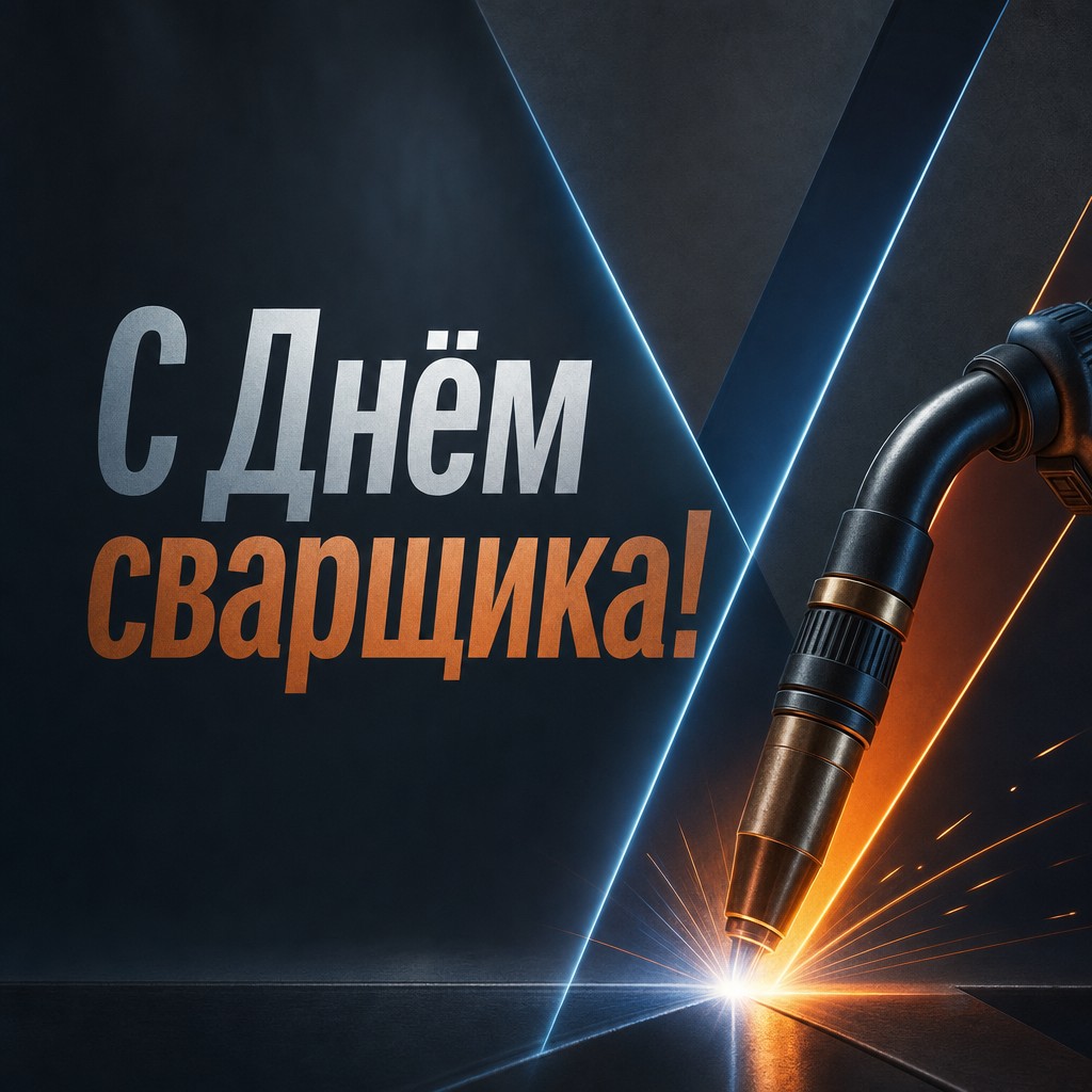 Современная открытка с Днём сварщика: сварочная горелка, синие и оранжевые световые акценты.