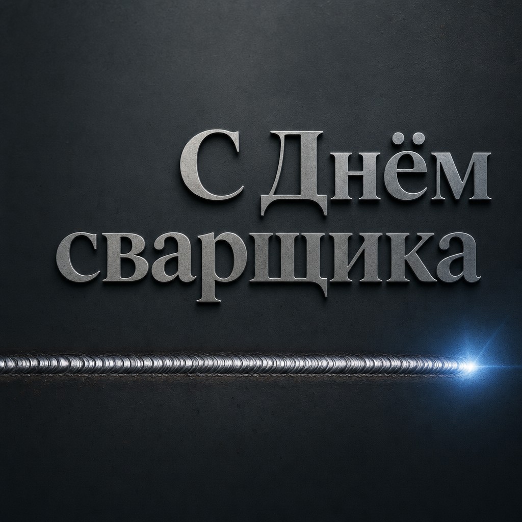 Лаконичная открытка с Днём сварщика: серебристый сварочный шов и холодное синее свечение.