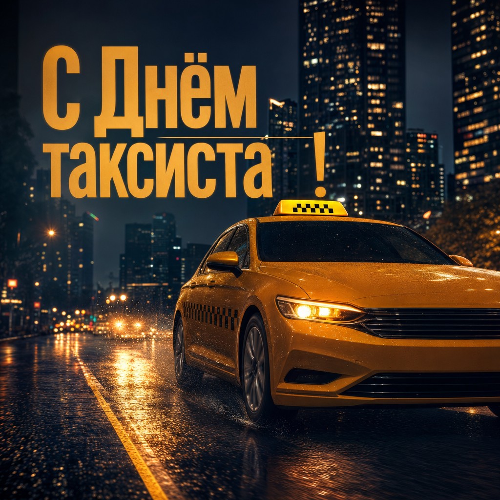 Атмосферная открытка с Днём таксиста: ночной город, мокрый асфальт, огни и жёлтое такси.