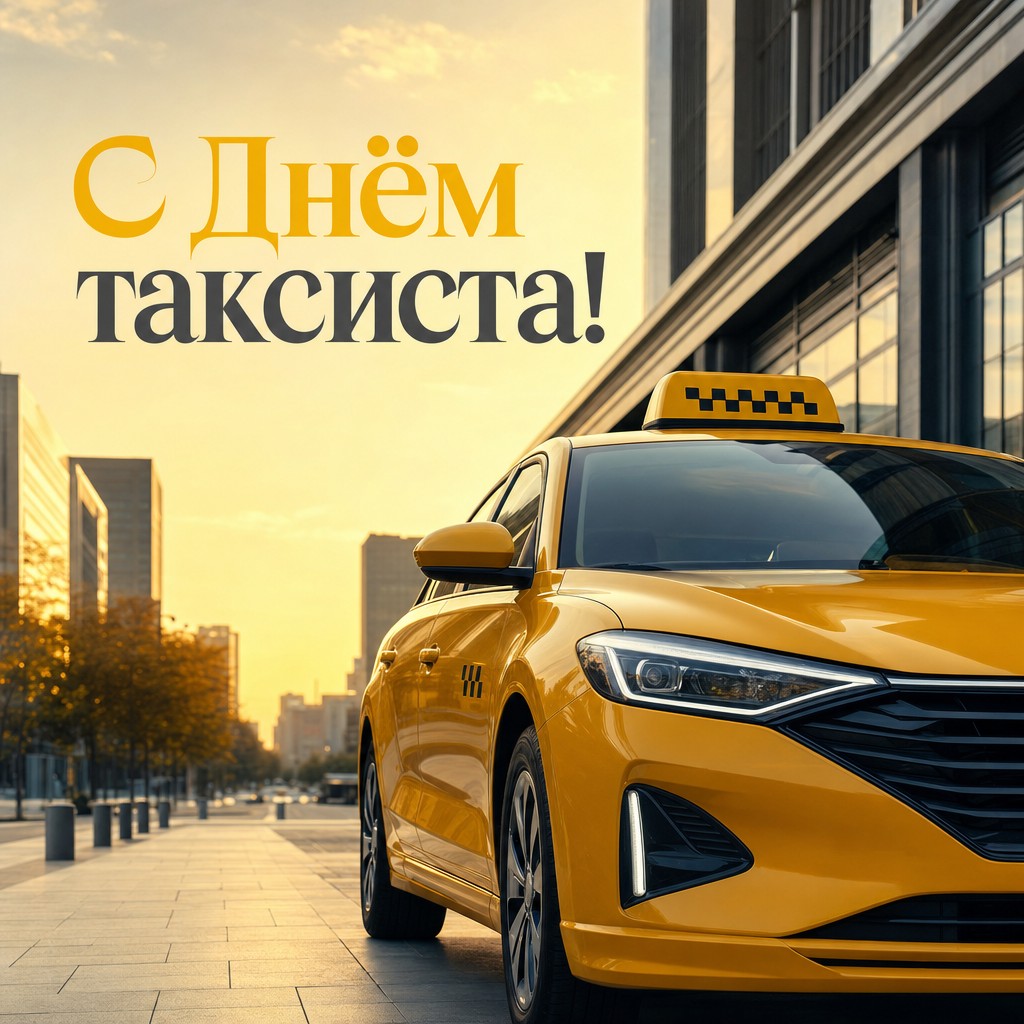 Стильная открытка с Днём таксиста: жёлтое такси на утренней городской улице в премиальной фотостилистике.
