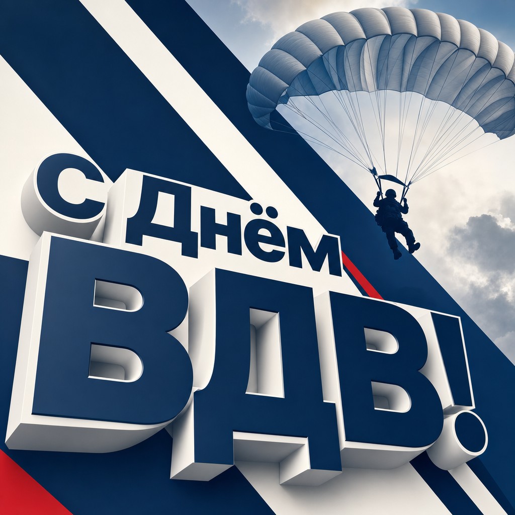 Современная открытка с Днём ВДВ с графичными сине-белыми полосами и парашютным силуэтом.