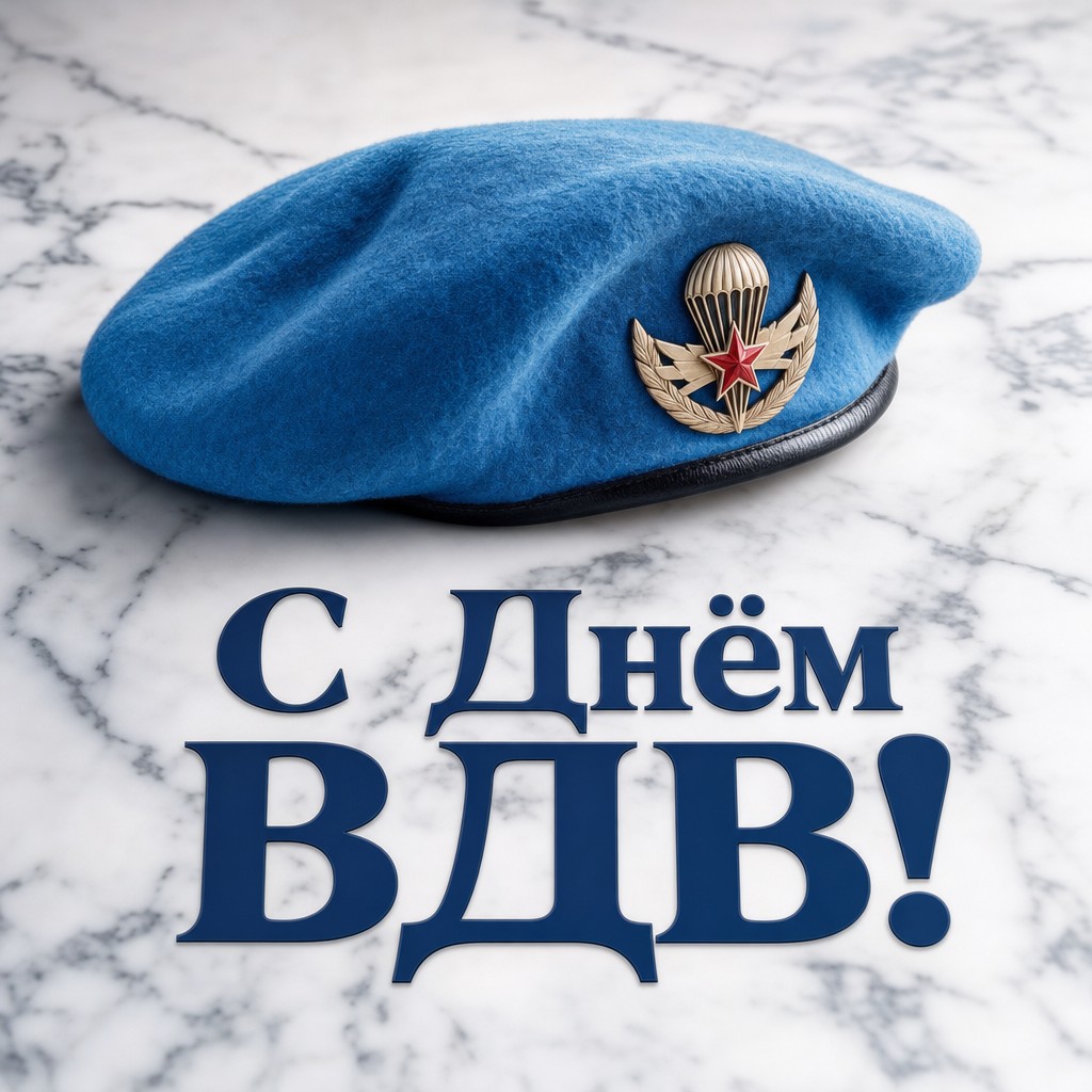 Премиальная открытка с Днём ВДВ: голубой берет на мраморе, чистый светлый дизайн и лаконичный праздничный акцент.