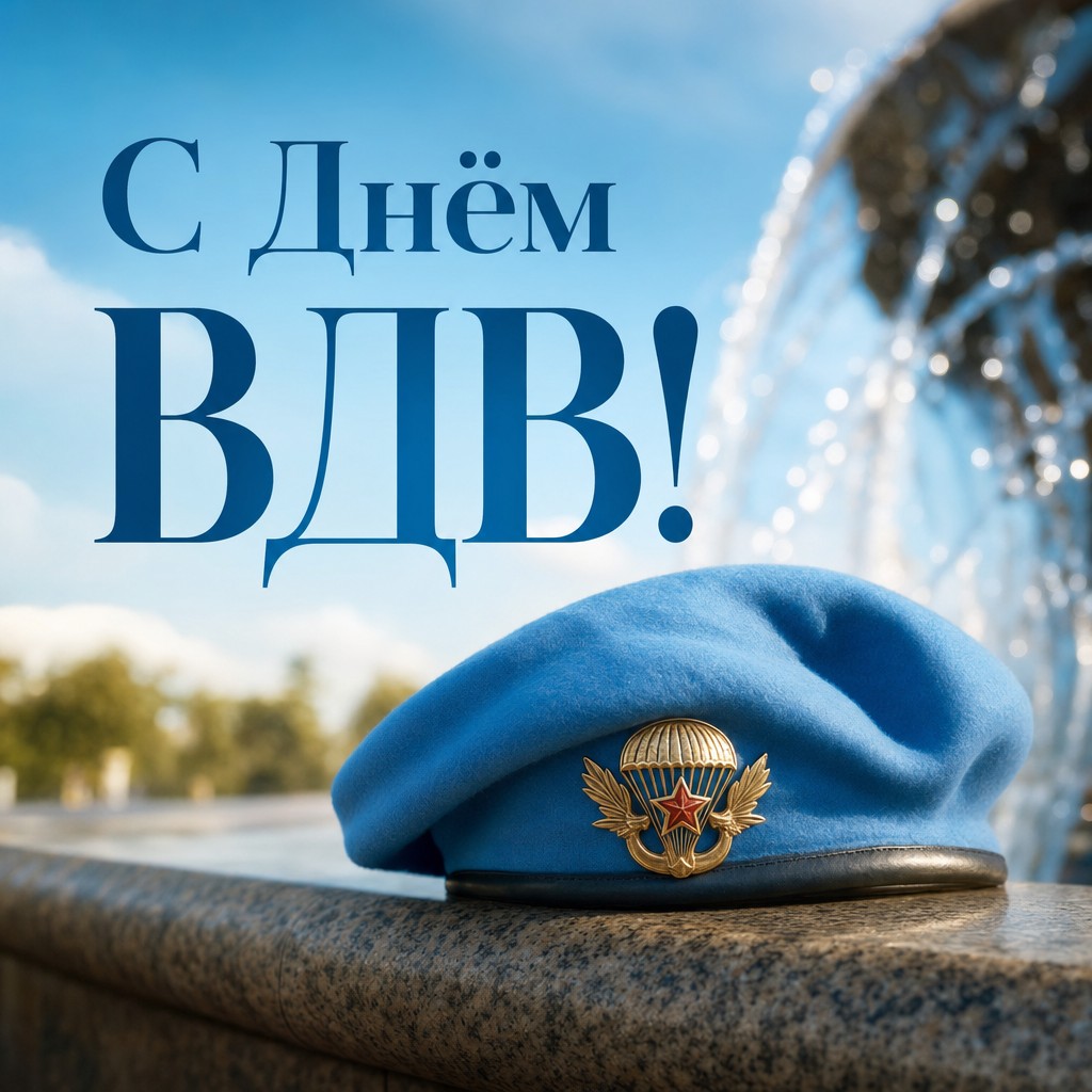 Стильная открытка с Днём ВДВ с голубым беретом у фонтана и свежей летней атмосферой.