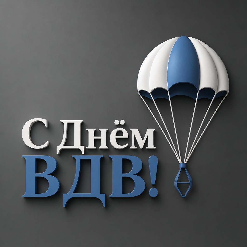 Минималистичная открытка с Днём ВДВ с лаконичным парашютом в сине-белой гамме.
