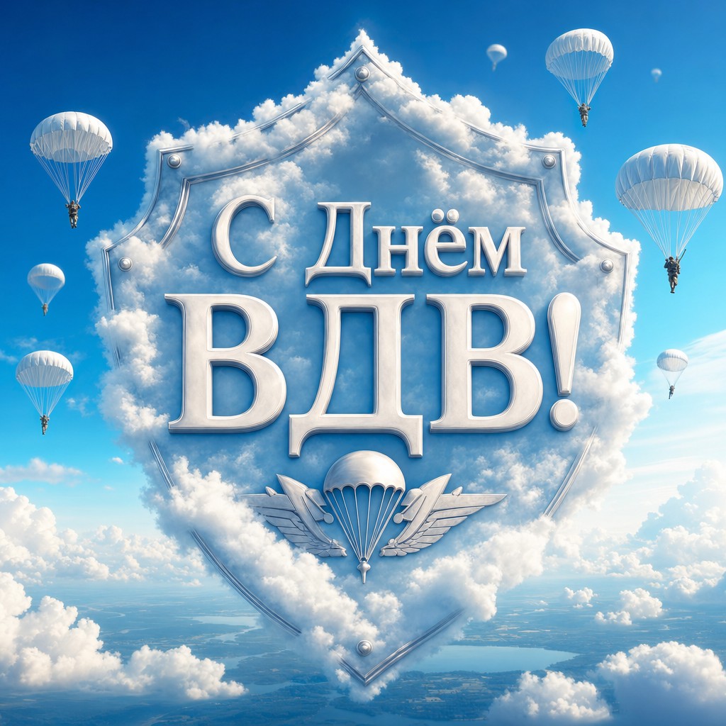 Патриотичная открытка с Днём ВДВ с облачным щитом, голубым небом и лёгкими парашютами.