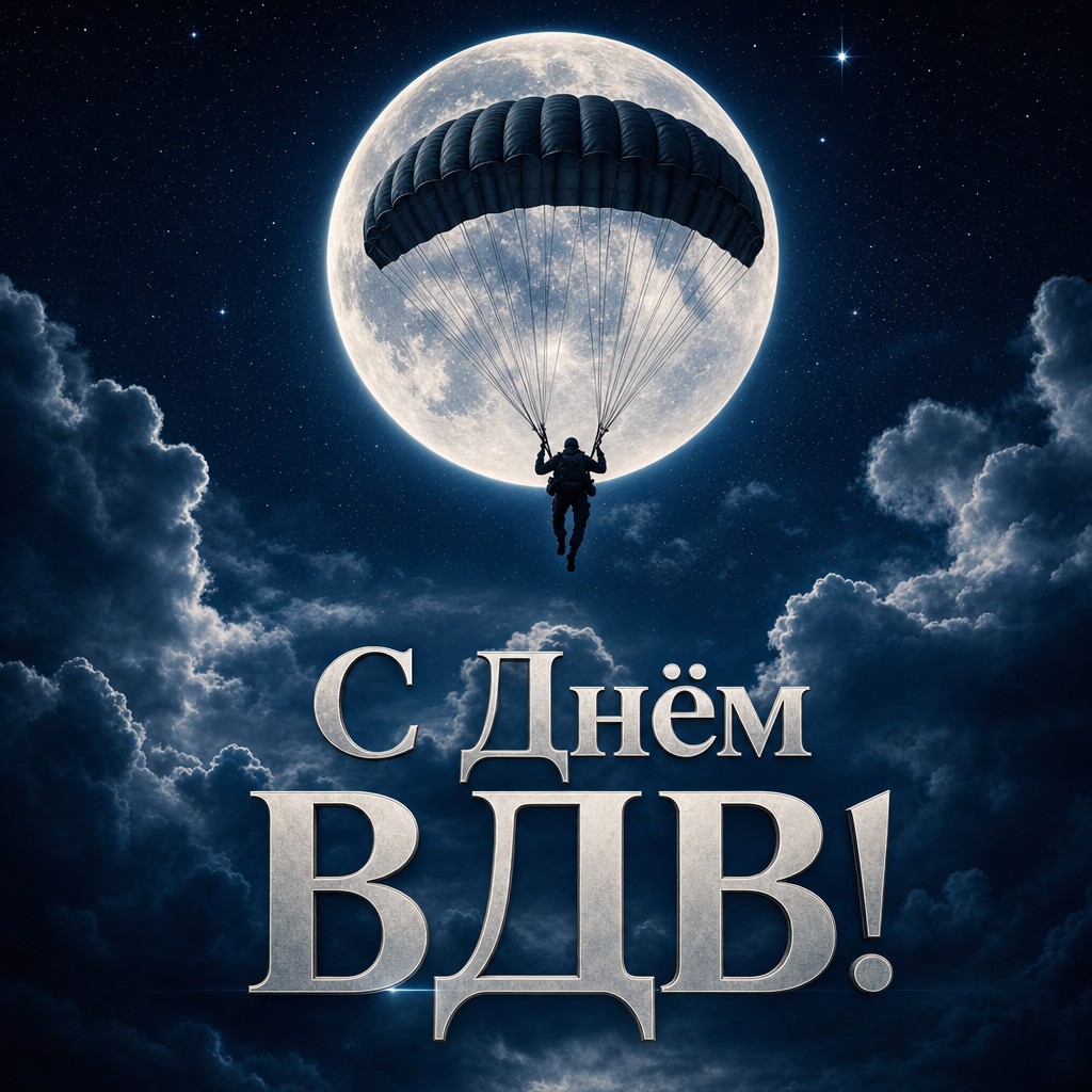 Атмосферная открытка с Днём ВДВ: парашют на фоне луны, звёзд и глубокого синего неба.