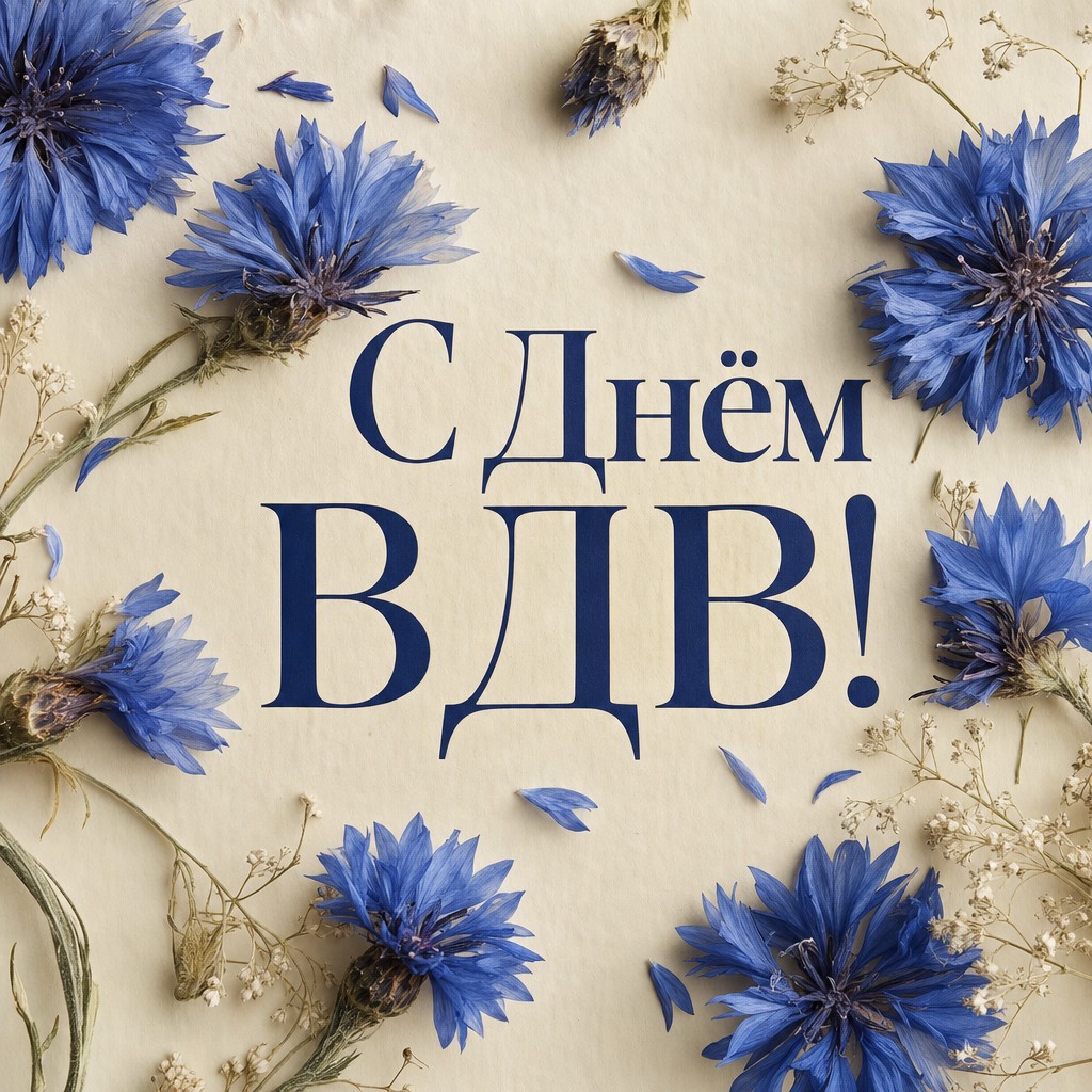 Утончённая открытка с Днём ВДВ с прессованными васильками на тёплом кремовом фоне.