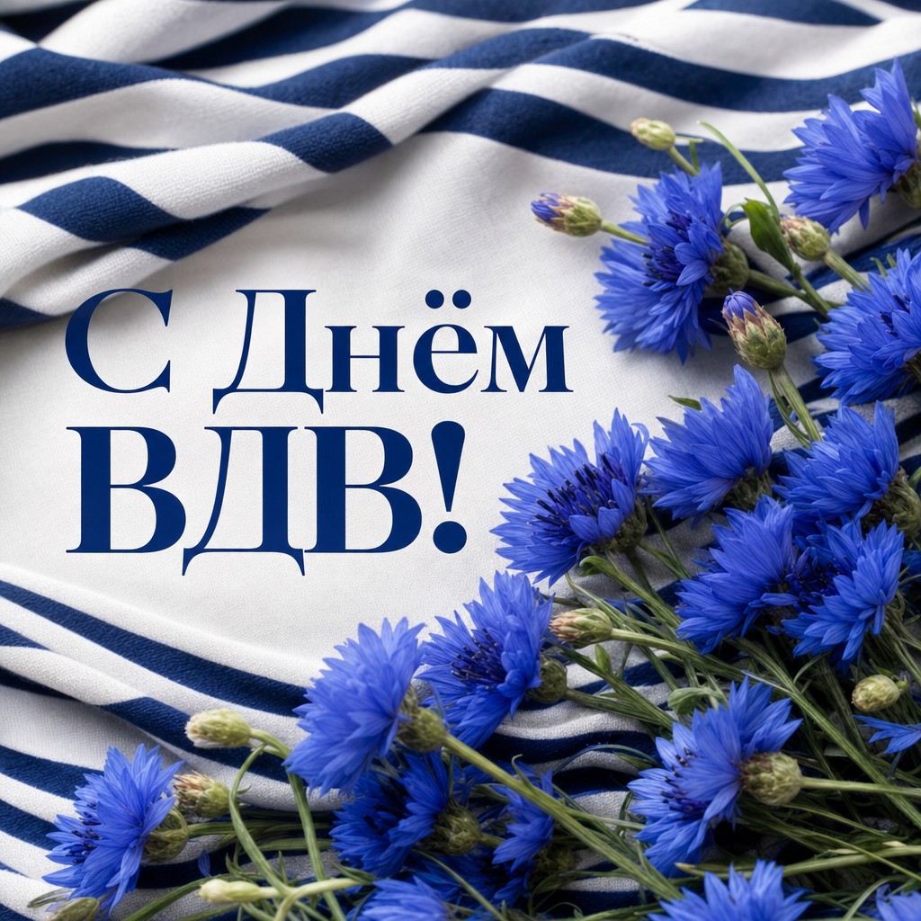 Нежная открытка с Днём ВДВ: васильки на тельняшке, сине-белая палитра и свежий праздничный стиль.