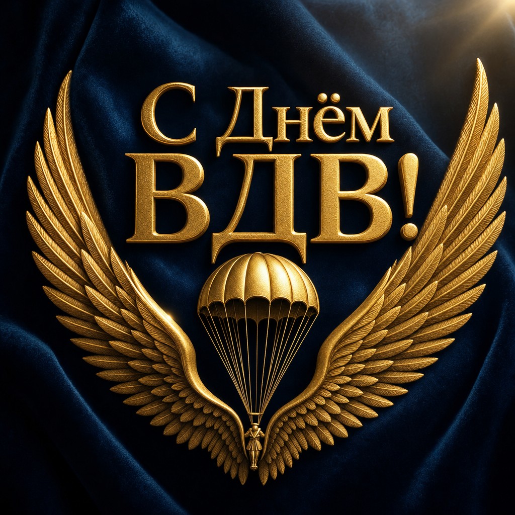 Премиальная открытка с Днём ВДВ с золотыми крыльями на глубоком синем фоне.