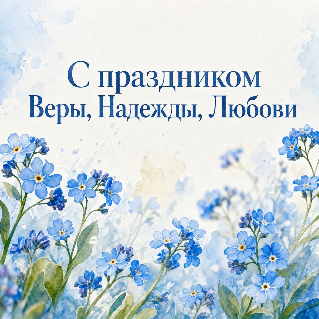 Нежная акварельная открытка с незабудками ко Дню Веры, Надежды, Любови.