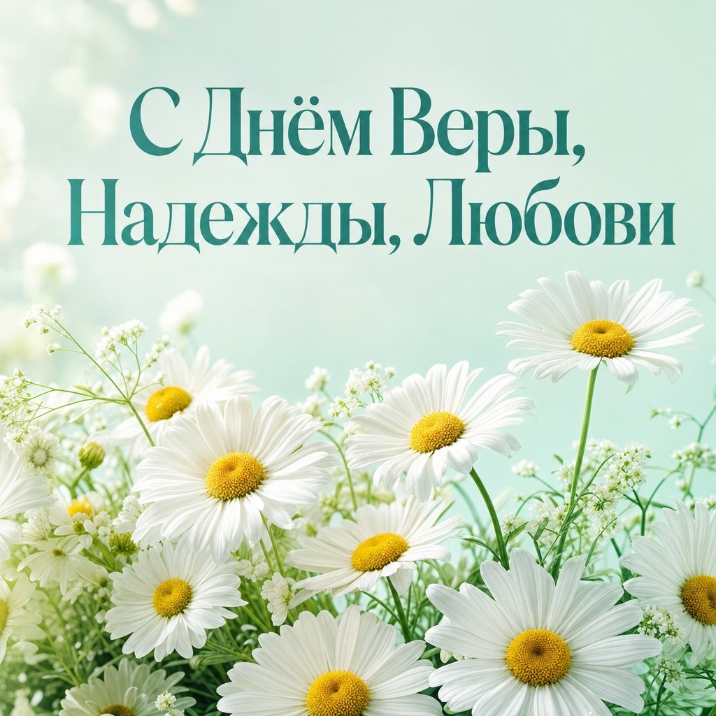 Светлая пастельная открытка с ромашками для поздравления с Днём Веры, Надежды, Любови.