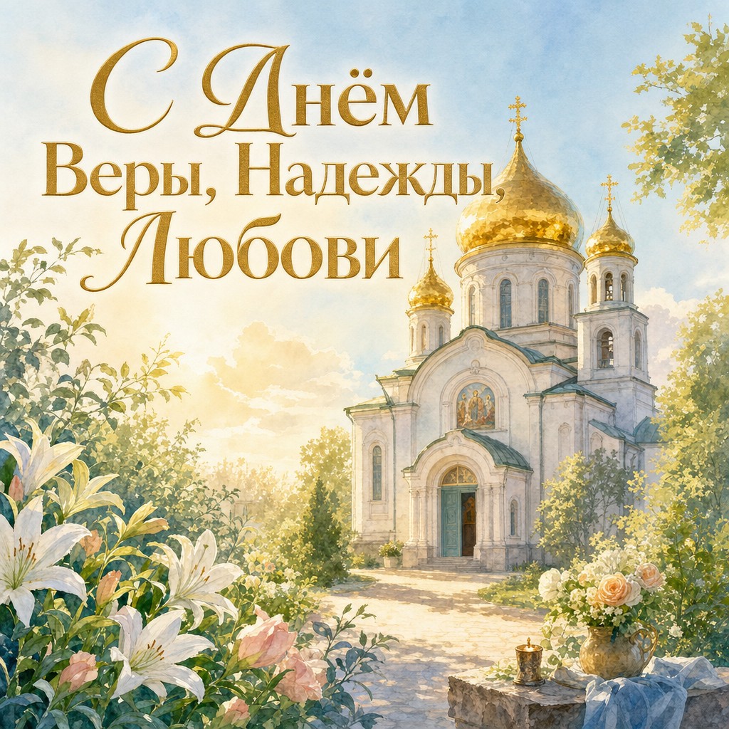 Светлая акварельная открытка с храмом и золотыми куполами к празднику Веры, Надежды, Любови.