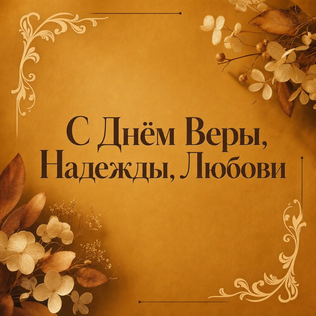 Современная открытка ко Дню Веры, Надежды, Любови с охристым фоном и изящным орнаментом.
