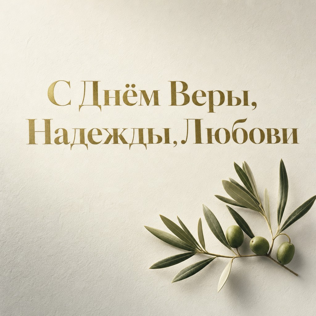 Минималистичная открытка с оливковой ветвью ко Дню Веры, Надежды, Любови.