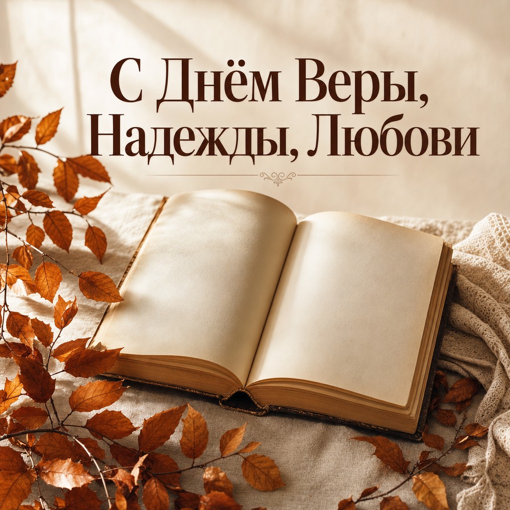 Тёплая открытка ко Дню Веры, Надежды, Любови с открытой книгой и осенними листьями.