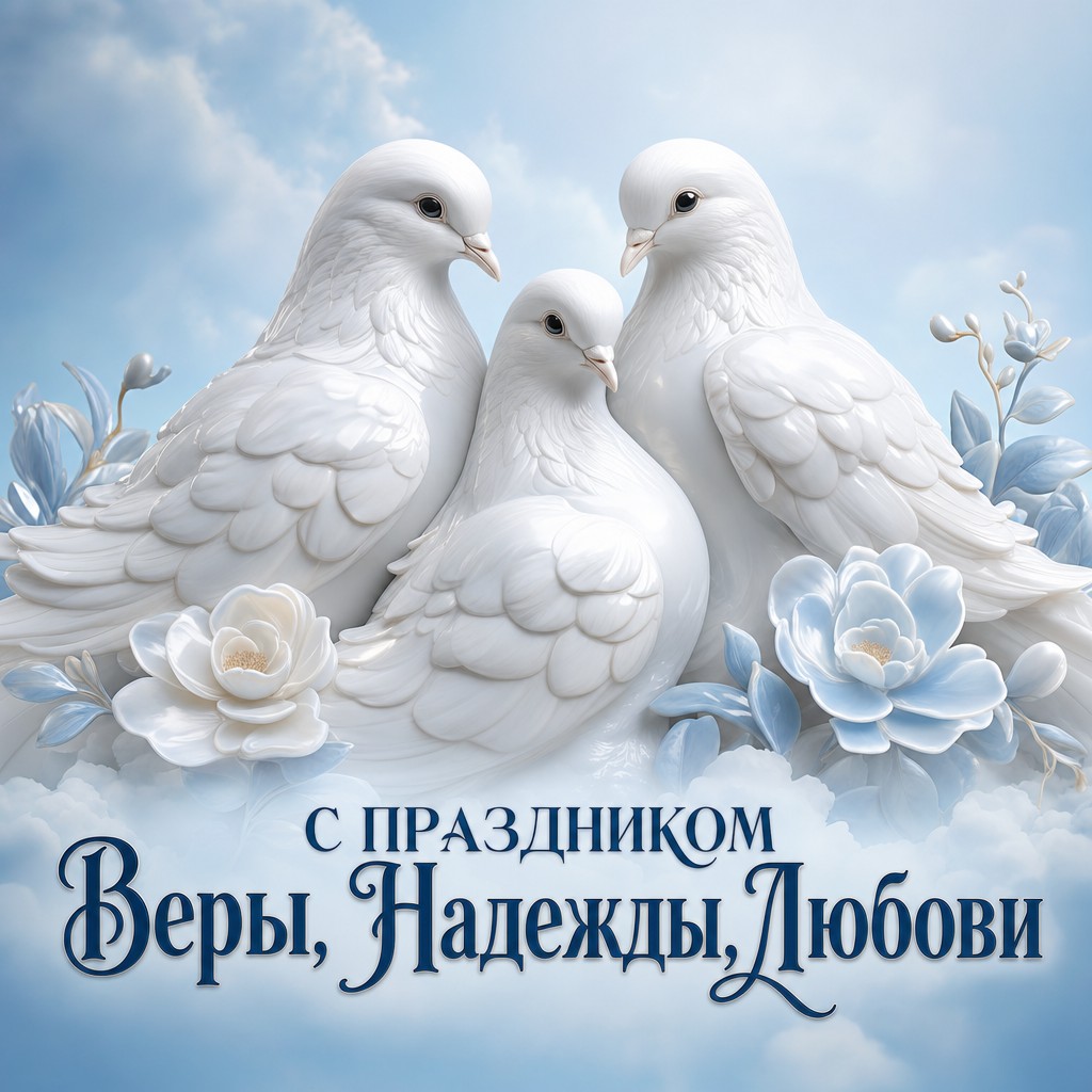 Воздушная открытка с тремя белыми голубями ко Дню Веры, Надежды, Любови.
