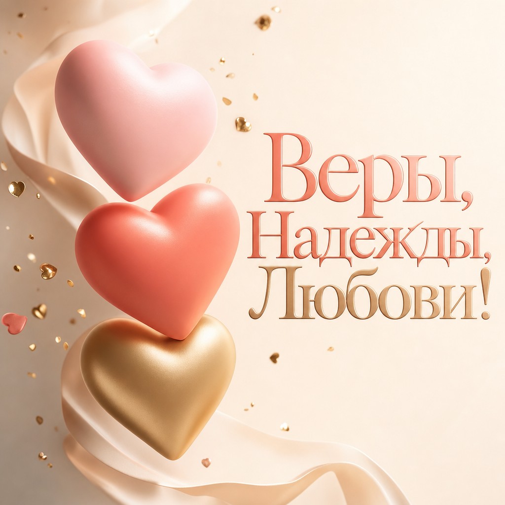 Нежная 3D-открытка с тремя сердцами для поздравления с Днём Веры, Надежды, Любови.
