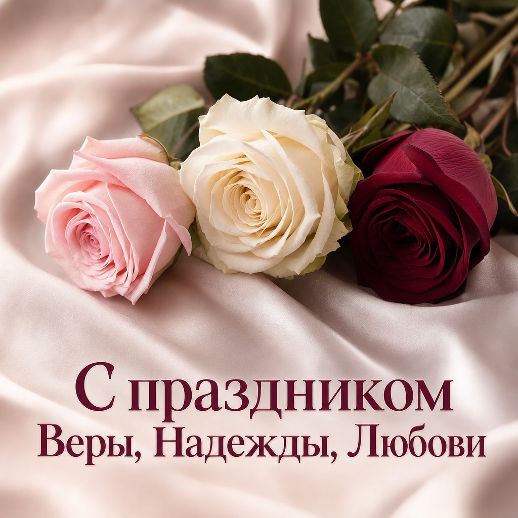 Элегантная праздничная открытка с тремя розами на шёлке для Дня Веры, Надежды, Любови.