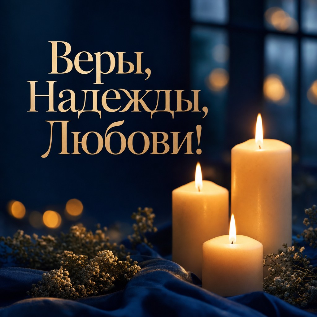 Атмосферная открытка ко Дню Веры, Надежды, Любови с тремя свечами в мягком сиянии.