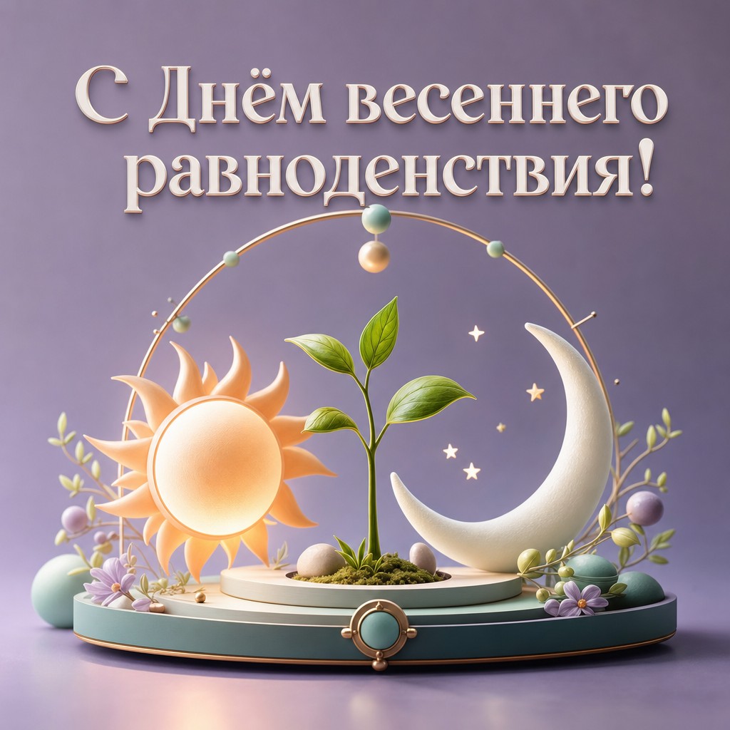 Современная 3D-открытка ко Дню весеннего равноденствия с солнцем, луной и первым ростком.
