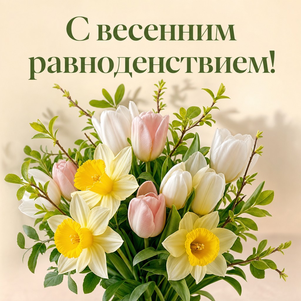 Нежная открытка ко Дню весеннего равноденствия с реалистичным букетом тюльпанов и нарциссов.