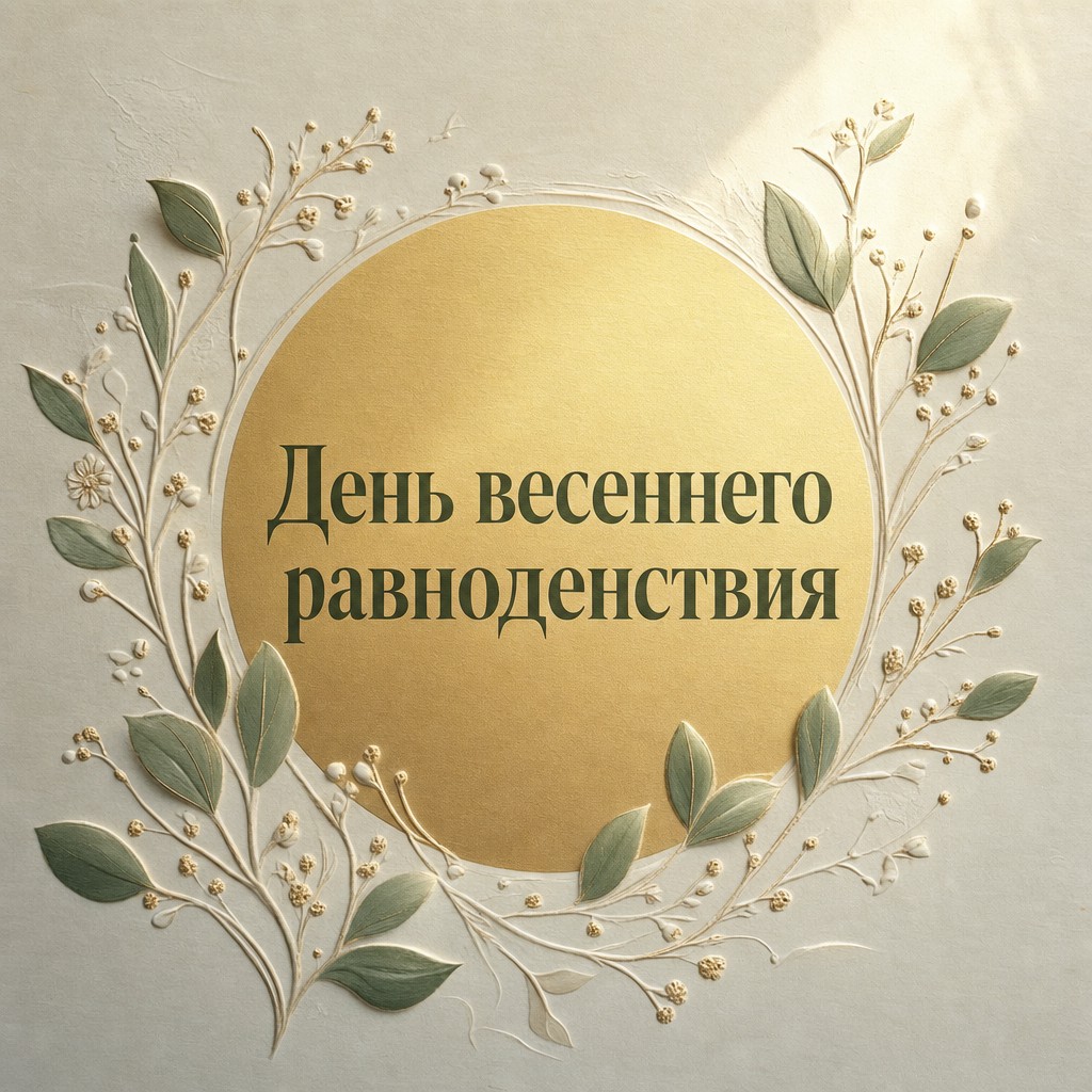 Элегантная открытка ко Дню весеннего равноденствия с золотым солнцем и ботаническим рельефом.