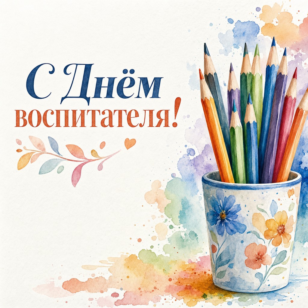 Светлая акварельная открытка ко Дню воспитателя и дошкольного работника с цветными карандашами.