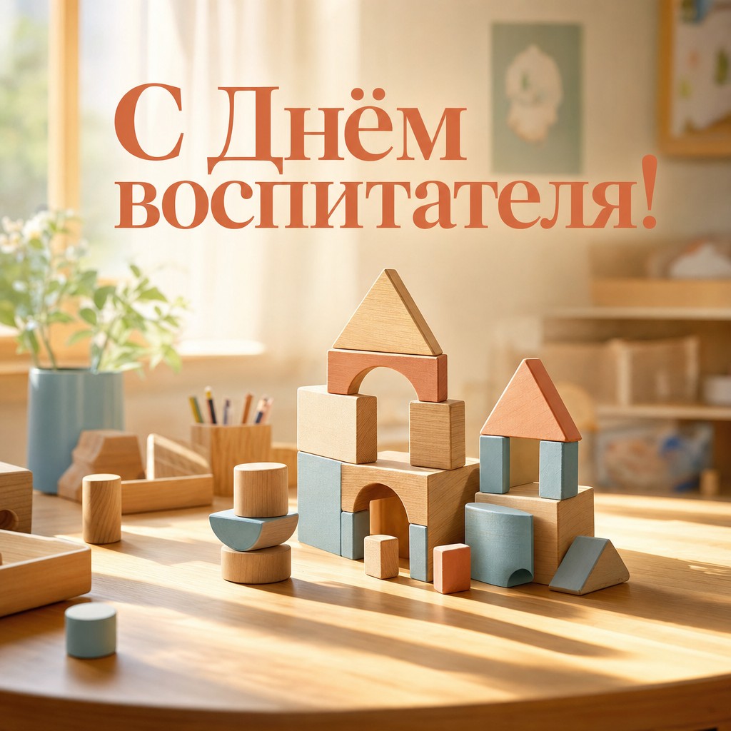 Тёплая открытка ко Дню воспитателя и дошкольного работника с деревянными кубиками и солнечным светом.