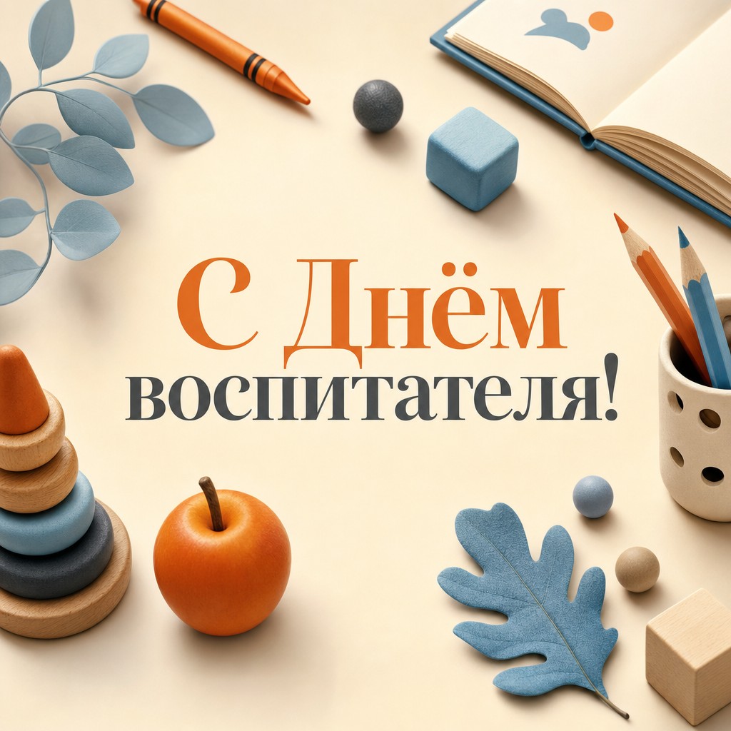 Лаконичная открытка ко Дню воспитателя и дошкольного работника с детскими иконками в современном стиле.