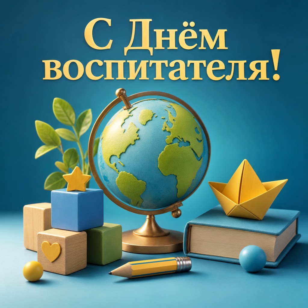 Красивая открытка ко Дню воспитателя и дошкольного работника с глобусом и детскими предметами.