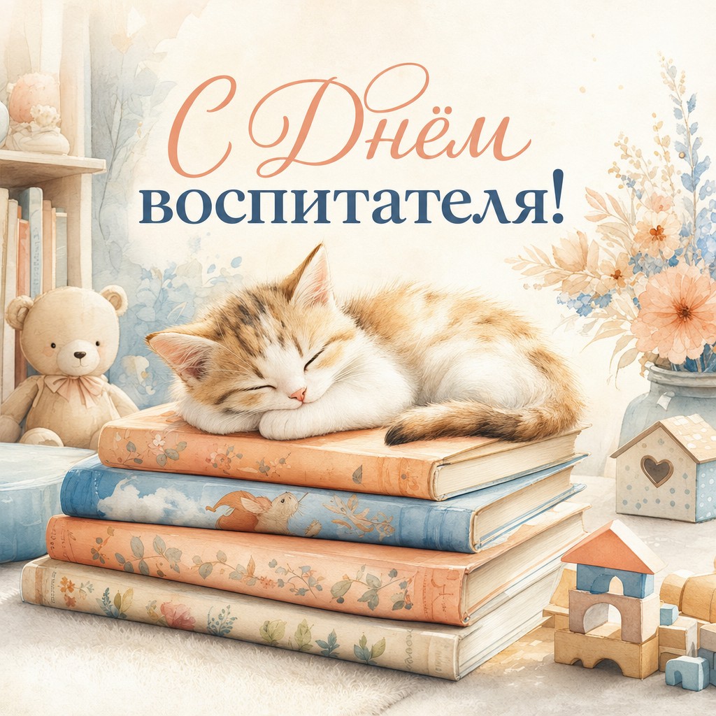 Нежная акварельная открытка ко Дню воспитателя и дошкольного работника с котёнком и детскими книжками.