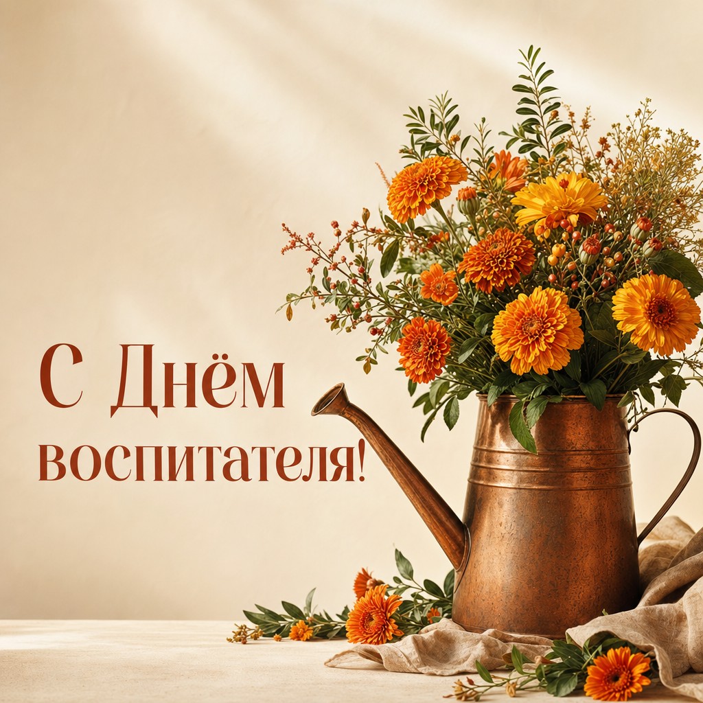 Уютная открытка ко Дню воспитателя и дошкольного работника с лейкой и осенними цветами.