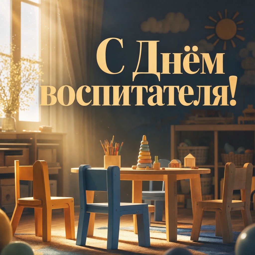 Тёплая открытка ко Дню воспитателя и дошкольного работника с солнечной группой и маленькими стульчиками.