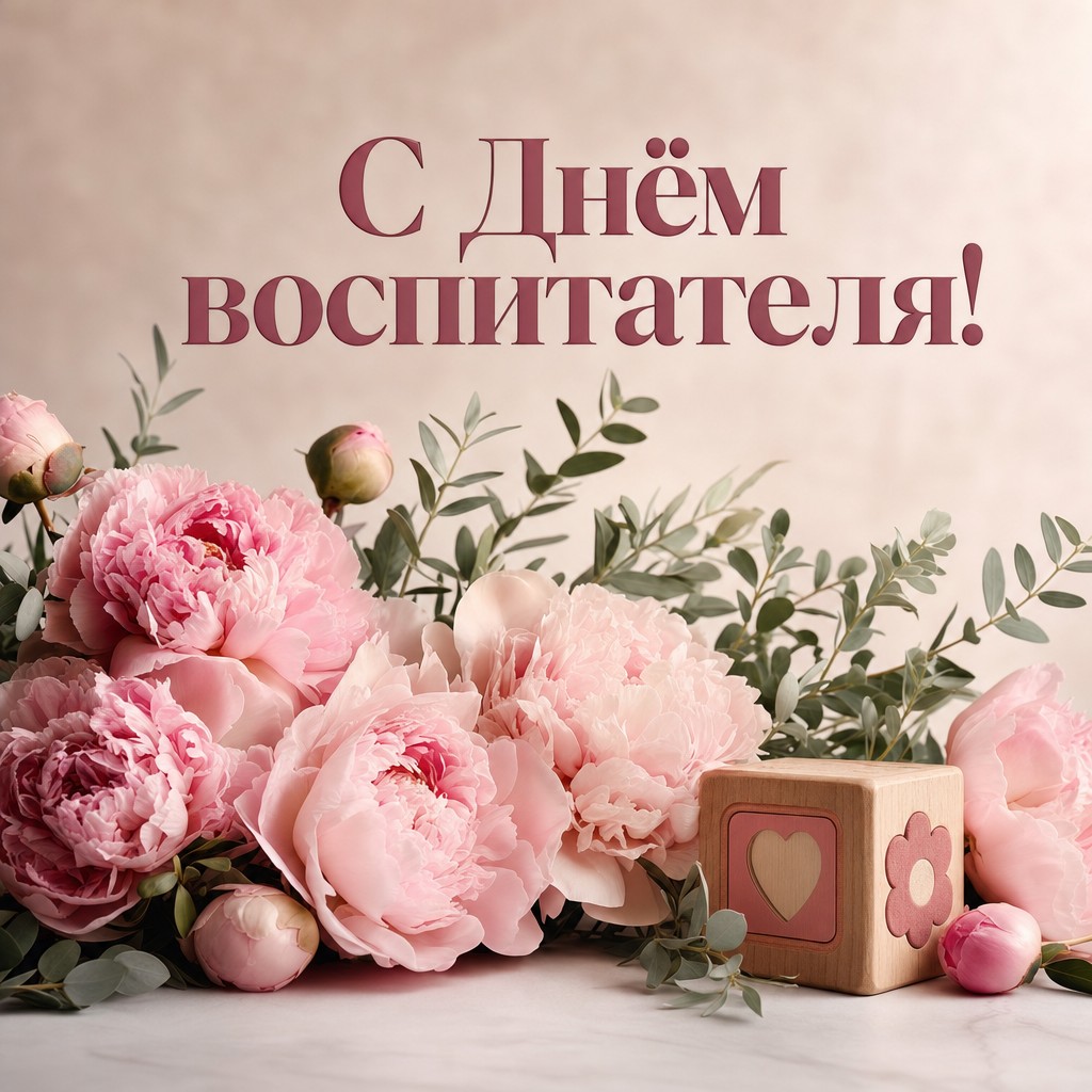 Элегантная открытка ко Дню воспитателя и дошкольного работника с пионами и детским кубиком.